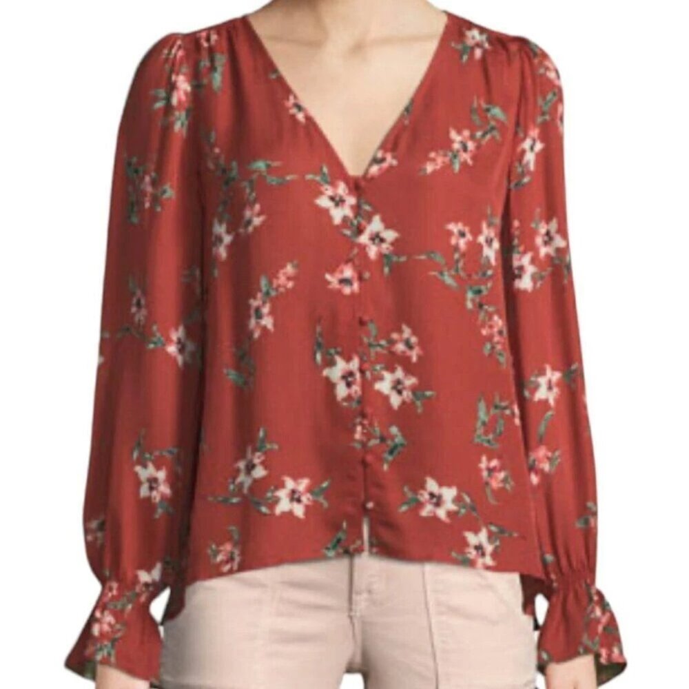 Joie Bolona 100% Silk Floral Blouse V Neck Button Up Cottagecore Prairie Boho M